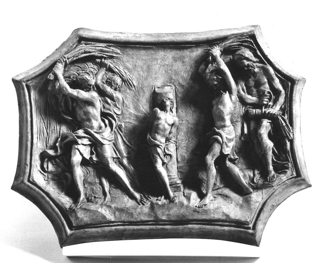 Achthoekig reliëf: de geseling van sint Tryphon door vier mannen
