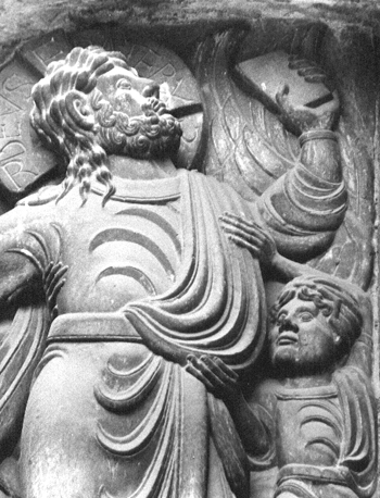 Porte Miégeville, timpaan: Hemelvaart van Christus (detail)