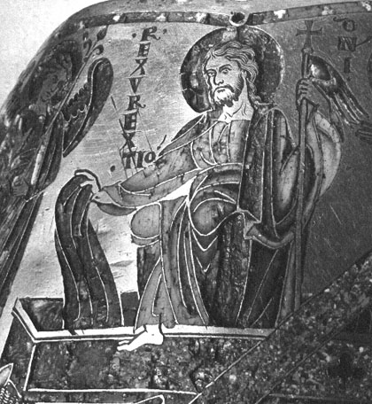 Verrijzenis van Christus: Christus, in zijn linkerhand een banier, verrijst uit het graf (detail)