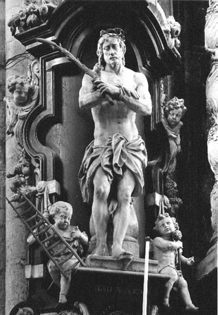 Staande Christus met doornenkroon, gebonden polsen, rietstengel in zijn hand; zittende putti met een ladder en stok met spons ('Ecce Homo' or: 'Man of Sorrows')