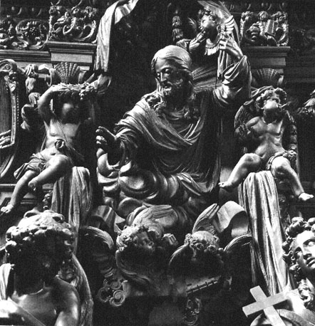Zoete-Naam-Kapel, biechtstoel, detail: Christus (bovenlichaam) omgeven door engelen en wolken