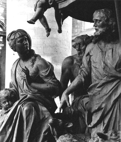 Preekstoel, laagste deel met de parabel van de Goede Herder, detail: man en vrouw (met kind) luisteren naar Christus