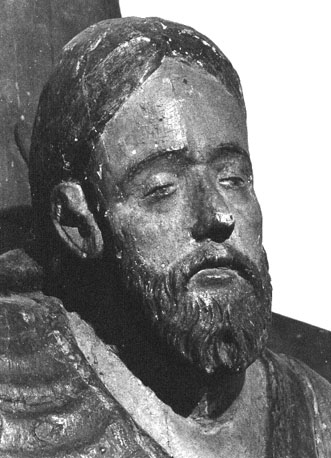Christus aan het kruis, crucifix (Christus gekleed in een wijde, lange tuniek); detail: hoofd van Christus