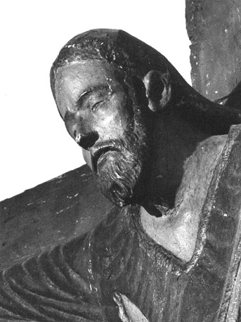 Christus aan het kruis, crucifix (Christus gekleed in een wijde, lange tuniek); detail: hoofd van Christus
