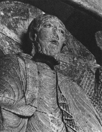 Westfacade, middenportaal, timpaan: 'Majestas Domini', Christus in mandorla, detail: hoofd van Christus