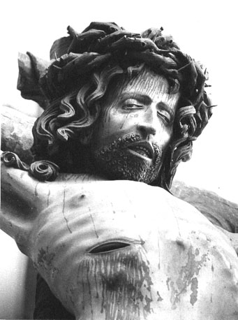 Christus aan het kruis (met doornen-kroon), Misericors Salvator genoemd, detail: hoofd van Christus