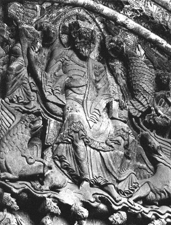 Zuidportaal, timpaan, detail: 'Majestas Domini', Christus in mandorla omgeven door de vier symbolen van de evangelisten