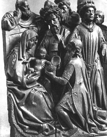 Aanbidding der koningen: detail: Jozef achter Maria, Christuskind, drie koningen en dienaren