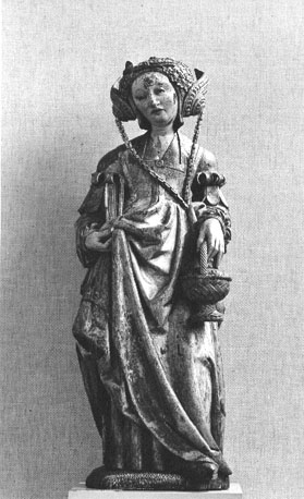 Heilige Dorothea, in haar linkerhand een mandje, in haar rechterhand een boek