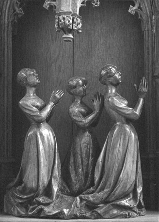 Retabel van Hakendover; detail: drie jonkvrouwen bidden voor opbouw van kerk