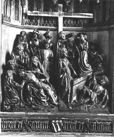 Retable van Claudio Villa en Gentine Solaro; detail: Bewening van de dode Christus (links) en De Verrijzenis (Heilige vrouwen bij het lege graf)