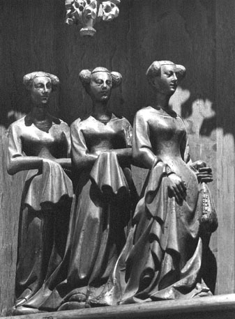 Vleugel van het retabel van Hakendover; detail: drie vrouwen achter elkaar, lopend