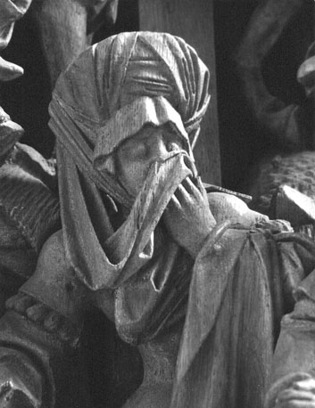 Passie-retabel, midden, detail: treurende vrouw (Maria Magdalena?)