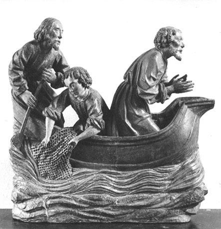 Fragment van een altaarretabel: Wonderbare visvangst, met Jakobus, Johannes en Petrus (oorspronkelijke figuur van Christus ontbreekt)