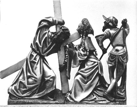 Zuidtransept, passie-retabel, detail: Christus draagt het kruis, ontmoet Veronica ; soldaat