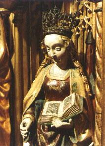 Maria-retabel met vrouwelijke heiligen, detail: Barbara met boek in haar linkerhand