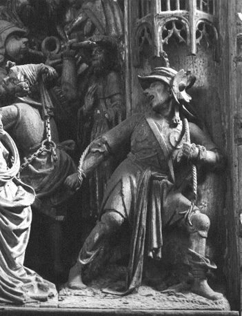 Passie-retabel, detail: kruisdraging door Christus, detail: soldaten
