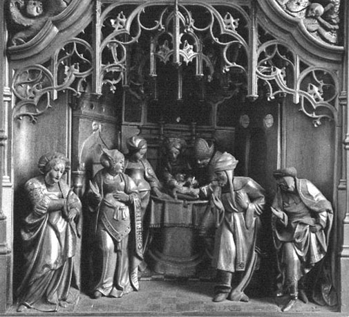 Passie-retabel,detail: besnijdenis van Christuskind door priester in tempel
