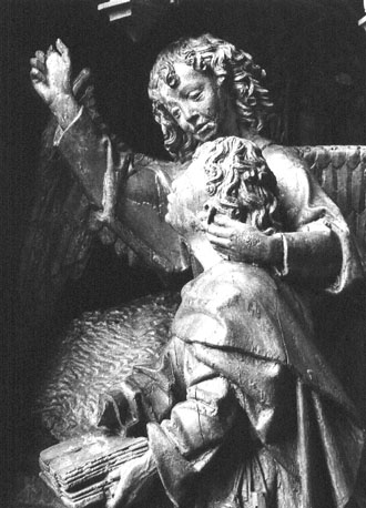 Deel van altaarretabel: Johannes op het eiland Patmos, de engel naast hem (detail)
