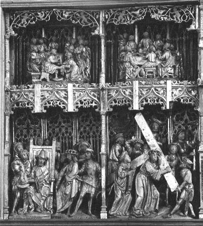 Passie-retabel, vier scènes: Christus wast de voeten van de apostelen, Laatste Avondmaal, Christus voor Pilatus, Christus draagt het kruis