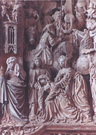 Passie-retabel, kruisiging van Christus, detail: omstanders aan de voet van het kruis, onder wie Maria (bezwijmend), Maria Magdalena en Johannes de Evangelist