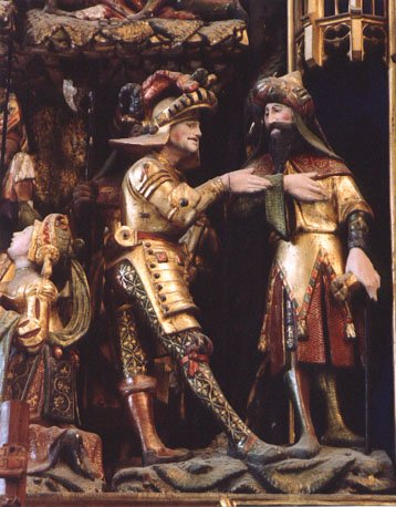 Zuider transept, passie-retabel, gewijd aan sint Joris en sint Victor, middenstuk, scène onder de kruisiging, detail: romeins soldaat en hogepriester
