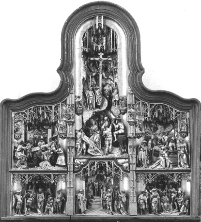 Passieretabel: Pilatus toont Christus aan het volk ('Ecce Homo'), geseling van Christus, doornenkroning, Kruisdraging en ontmoeting met Veronica, Golgotha-scène, graflegging