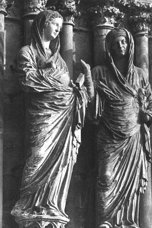 Westfacade, centraal portaal, rechter portaalwang: Visitatie (Maria en Elizabeth)