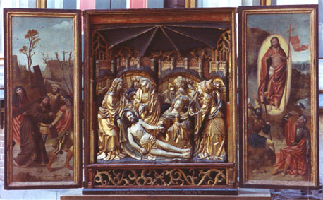 Huisaltaar: Bewening van Christus (midden), kruisdraging  en verrijzenis van Christus (zijluiken)