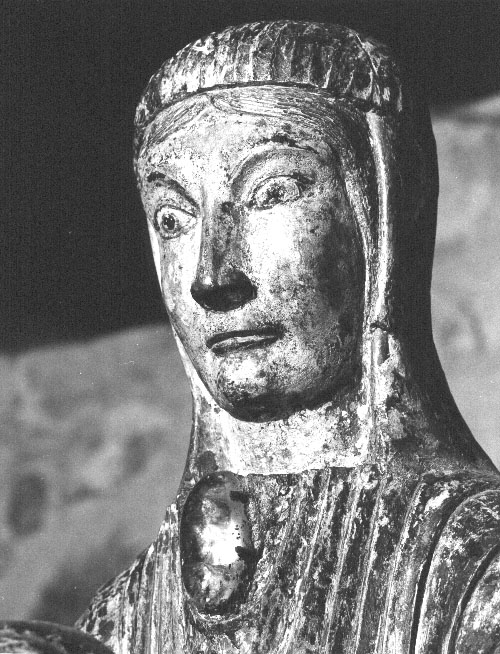 Tronende Moeder Gods (Sedes Sapientiae), genoemd Notre-Dame de Vauclair, detail: hoofd van Maria