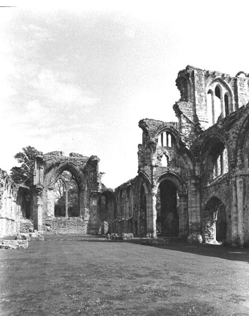 Zicht op koor en (deels) zuider transept vanuit het westen (restanten)
