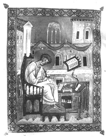 Miniatuur in evangeliarium: evangelist, schrijvend