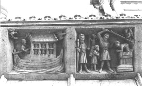 Koor (noordelijke zijde), scènes bovenaan koorgestoelte: verhaal van Noach (ark drijft op de wateren); het offer van Isaak