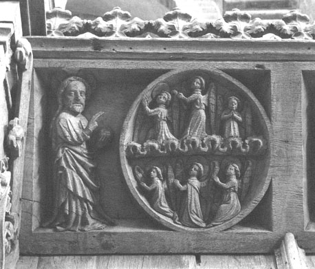 Koor (zuidelijke zijde), scènes bovenaan koorgestoelte: Scheppings-scène