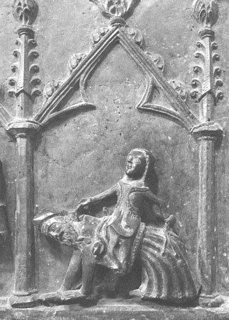 Restant van reliëf van grafmonument van koning Christoffer II, detail: Aristoteles en Phyllis (of Campaspe)
