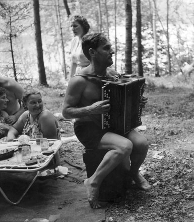 Picknick: man speelt accordeon