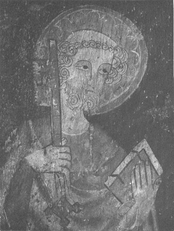 Zuidwestelijke vieringspijler, muurschildering: Gekruisigde Christus met Maria en Petrus, detail: sint Petrus