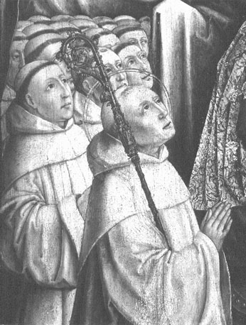 "Schutzmantelmadonna" die de cisterciënzer orde beschermt ("La Vierge de Citeaux"), detail: knielende monniken