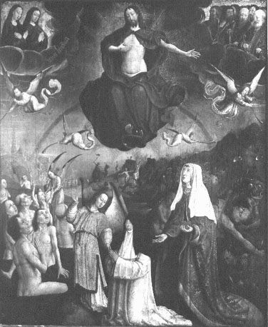 Retabel, achterzijde: Het Laatste Oordeel; op de voorgrond: Jeanne de Boubais (abdis van Flines) and Isabelle de Malefiance (van hetzelfde klooster)