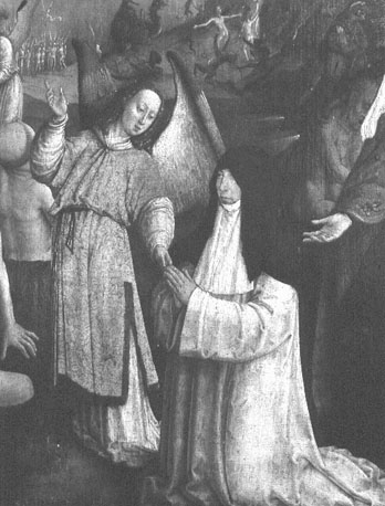 Retabel, achterzijde: Het Laatste Oordeel, detail:engel en knielende Jeanne de Boubais (abdis van Flines)