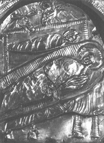 Zilveren plaatje, detail: Maria rustend, Christuskind en twee dieren