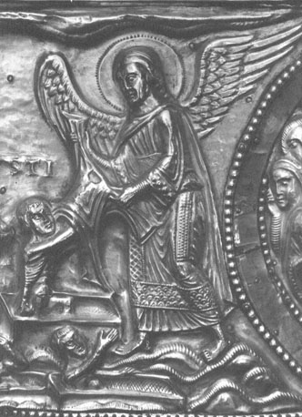 Reliekschrijn van sint Servatius ("Noodkist"), dakvlak: Laatste Oordeel, opstanding van de doden (de rechtvaardigen ontvangen het kleed der onsterfelijkheid), detail