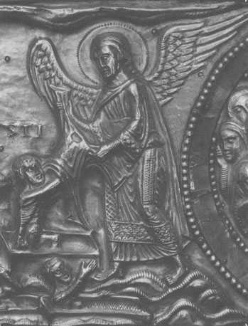 Reliekschrijn van sint Servatius ("Noodkist"), dakvlak: Laatste Oordeel, opstanding van de doden (de recht-vaardigen ontvangen het kleed der onsterfelijkheid), detail