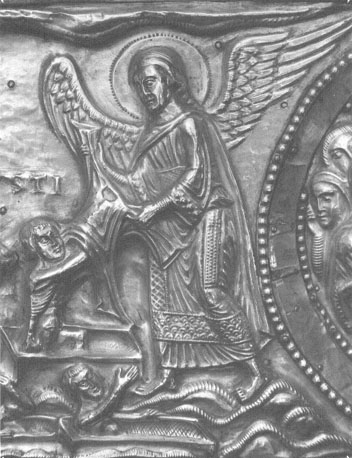 Reliekschrijn van sint Servatius ("Noodkist"), dakvlak: Laatste Oordeel, opstanding van de doden (de recht-vaardigen ontvangen het kleed der onsterfelijkheid), detail