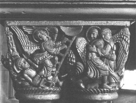 Kooromgang, viervoudig kapiteel met scènes uit geschiedenis van Isaak, Jacob en Esau: droom van Jacob, Jacob worstelt met de engel;