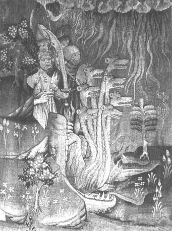 Tapijt van de apocalypse, detail: een engel ketent de draak (Satan) en werpt hem in de put  ("Tapis d' Angers")