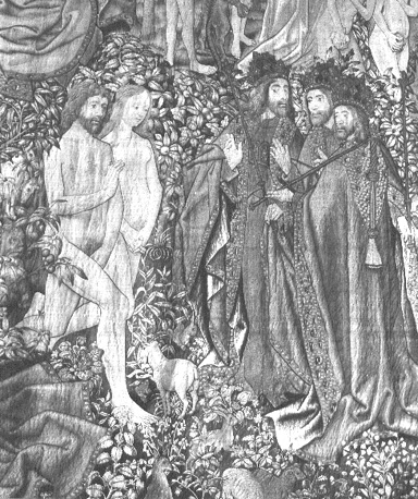 Schatkamer, wandtapijt:  "La création du monde par la Trinité en 7 jours" , detail: Adam en Eva