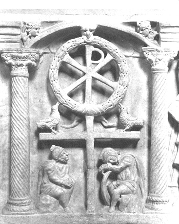 Museo Pio Cristiano, "Passie-sarcofaag", detail: Christus-monogram