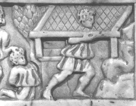 Crypte; christelijke sarcofaag (toegeschreven aan Sainte Quitterie), voorzijde, op deksel; detail: offer van Isaak (links), lamme neemt zijn bed op