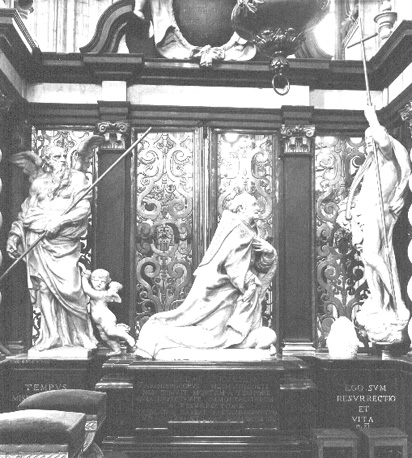 Koor, Grafmonument van aartsbisschop Andreas Cruesen; links: personificatie van de Tijd; rechts: de verrezene Christ